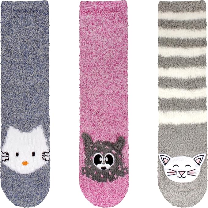 BambooMN Super Soft Warm Cute Animal Face Non-Slip Fuzzy Crew Winter Home Socks, Value Pack