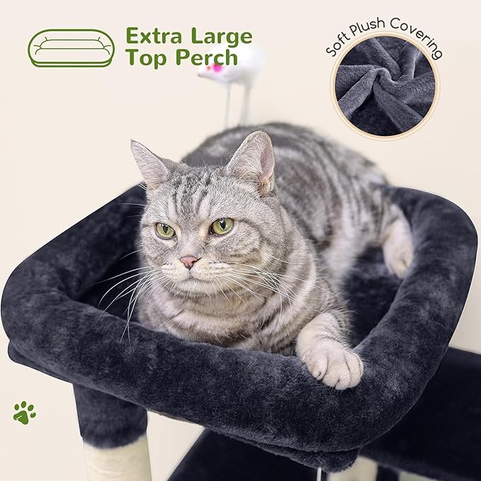 FC50 Cat Tree Tower for Indoor Cats, 50-inch Adult Cat Tree House for Large Adult Cats with Steps, Scratching Post, 2 Cat Caves, Dangling Toys, Dark Grey