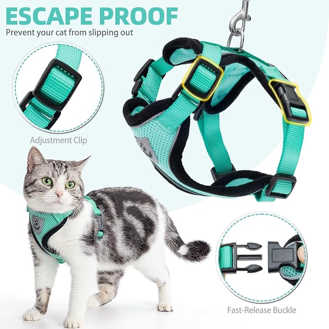 PUPTECK Cat Harness and Leash Set Escape Proof Reflective Cat Walking Harness Adjustable Soft Breathable Mesh Vest for Small Pets, Aquamarine, XS