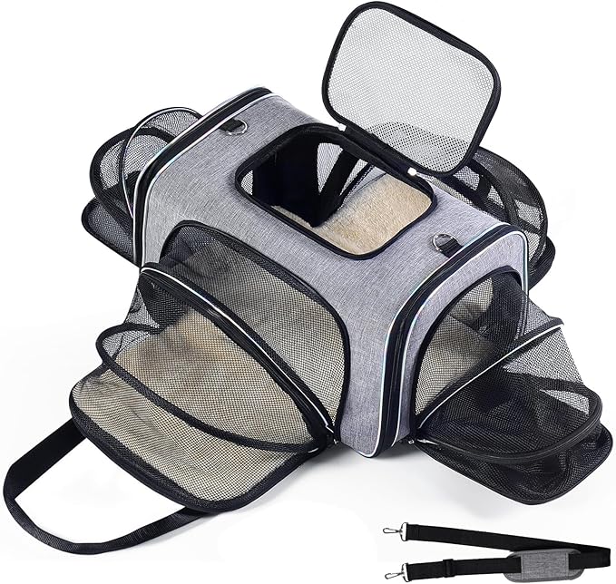 4 Sides Expandable Cat Travel Bag Airline Approved Collapsible Cat Soft-Sided Carriersexpandable pet Carrier，Folding Soft Sided Transport Tote Bag for Kittens,Dog & Small Animals、Removable Fleece Pad
