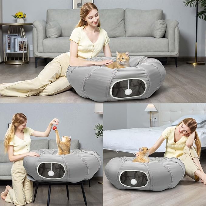 AUOON Cat Tunnel Bed with Central Mat,Big Tube Playground Toys,Soft Plush Material,Full Moon Shape for Kitten,Cat,Puppy,Rabbit,Ferret (Light Grey)