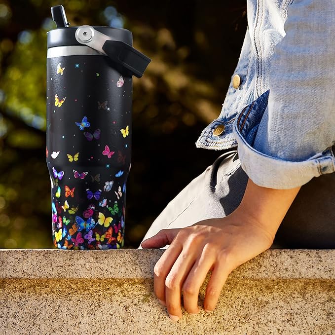 30oz Colorful Butterfly Tumbler with Handle and Straw, Stainless Steel Vacuum Insulated Coffee Tumbler, Travel Mug Water Bottle, Butterfly Stuff Decor, Butterfly Gifts for Women