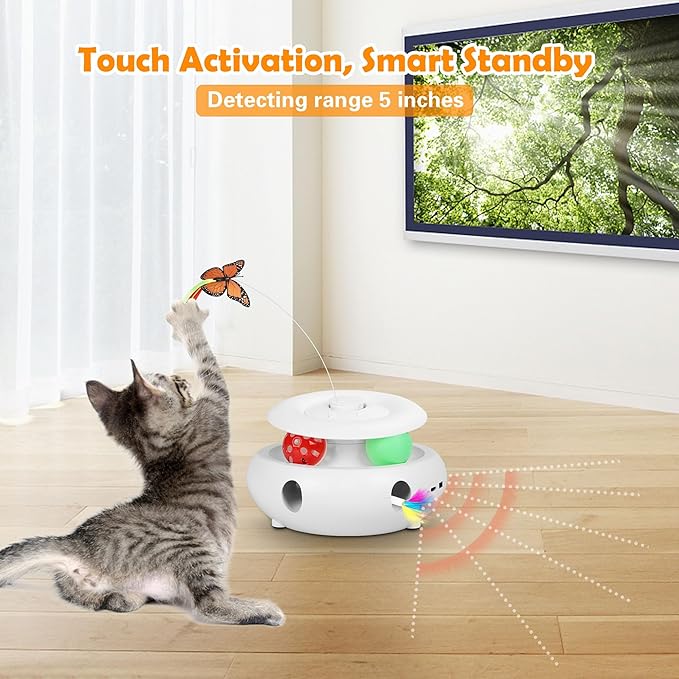 3-in-1 Interactive Cat Toys for Indoor Cats, Automatic 6 Holes Mice Whack-A-Mole, Fluttering Butterfly, Track Balls, USB Rechargeable, Ultra Fun Smart Interactive Kitten Toy (Ivory White)