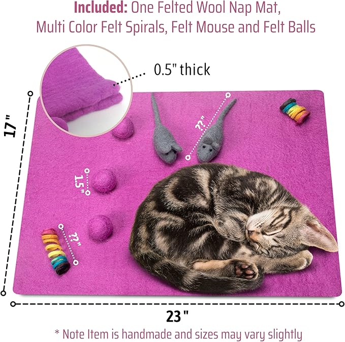 Dragonfly Creek Wool Cat Mat -Fair Trade and Eco Friendly Wool Cat Bed with Felted Wool Cat Toys- Multipurpose Cat Sleeping Bed for Playtime and Napping- Soft and Cozy Felt Cat Cushion