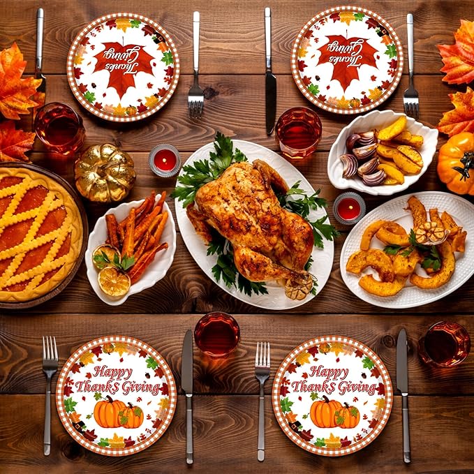 96 Pcs Thanksgiving Plates and Napkins - Pumpkin Maple Leaf Theme Party Supplies Disposable Paper Tableware for Thanksgiving Decor Fall Dinnerware Set Serves 24 Guests