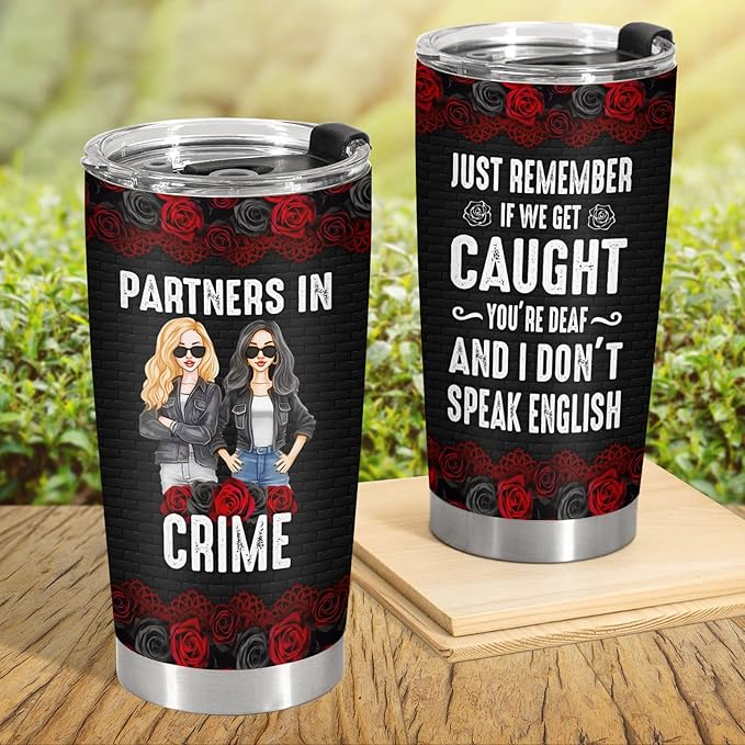 34HD Partners in Crime Tumbler with Lid, 20oz Stainless Steel Bestie Drinking Cup, BFF Coffee Mug, Best Friends Gifts for Birthday Christmas, Funny Friends Gift Ideas for Women