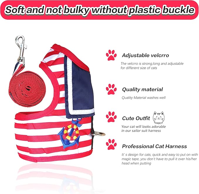 Cat Harness and Leash for Walking Escape Proof, Adjustable Cat Vest Harness, Padded Stylish Cat Walking Jackets, Sailor Suit Red, Large