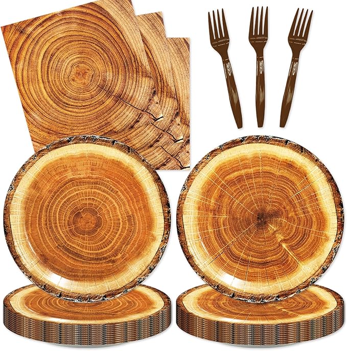 48Pcs Wood Grain Slice Party Decorations Camping Hunting Tableware Set Disposable Wood Plates Napkins Forks Serves 16 Rustic Wood Slice Baby Shower Birthday Party Decorations