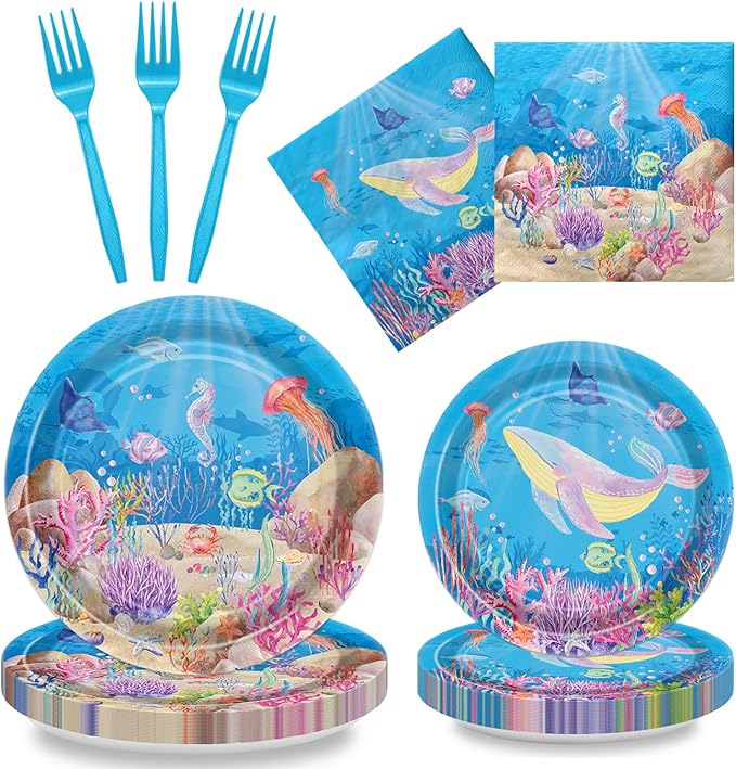 96PCS Under the Sea Party Decorations Ocean Sea Birthday Tableware Underwater World Paper Plates Ocean Animal Plates Napkins Dinnerware for Baby Shower Party Supplies, Serves 24