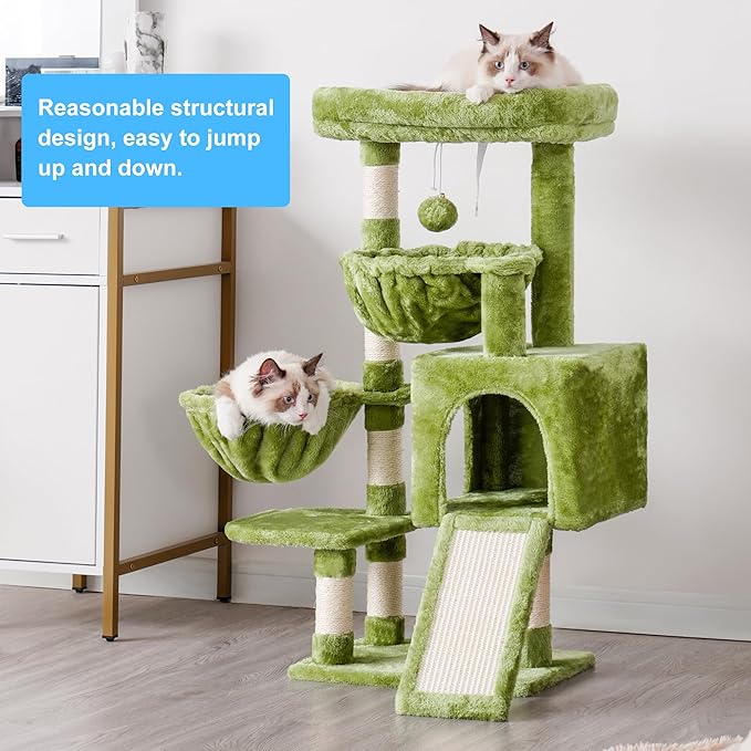 Hey-brother Cat Tree, Cat Tower for Indoor Cats, Cat House with Large Padded Bed, Cozy Condo, Hammocks, Sisal Scratching Posts, Big Scratcher, Green MPJ006SGR