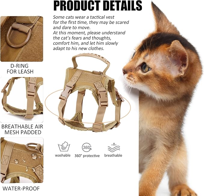 Tactical Cat Harness for Walking Escape Proof, Adjustable Pet Vest Harness, Soft Mesh with Control Handle for Large Cat,Puppy and Small Dog Harness, (Army Green,cat Harness only)