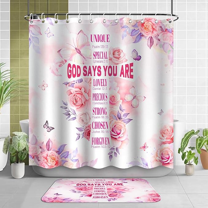 4 Pcs Pink Butterfly Inspirational Quotes Shower Curtain Set with Rugs and Toilet Lid Cover, Waterproof Fabric Bathroom Set for Women Girls, Bible Verse Floral Bathroom Decor with 12 Hooks