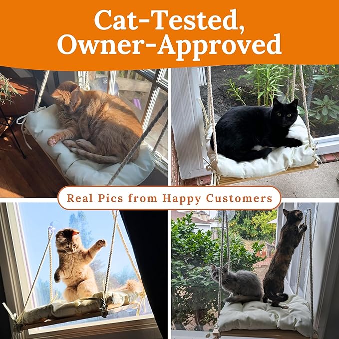 Cat Window Perch - Cat Hammock for Window - Solid Wood Seat & Strong Suction Cups - Cat Window Bed & Furniture for Cats Inside - Hanging Window Shelf for Small Medium Indoor Cats