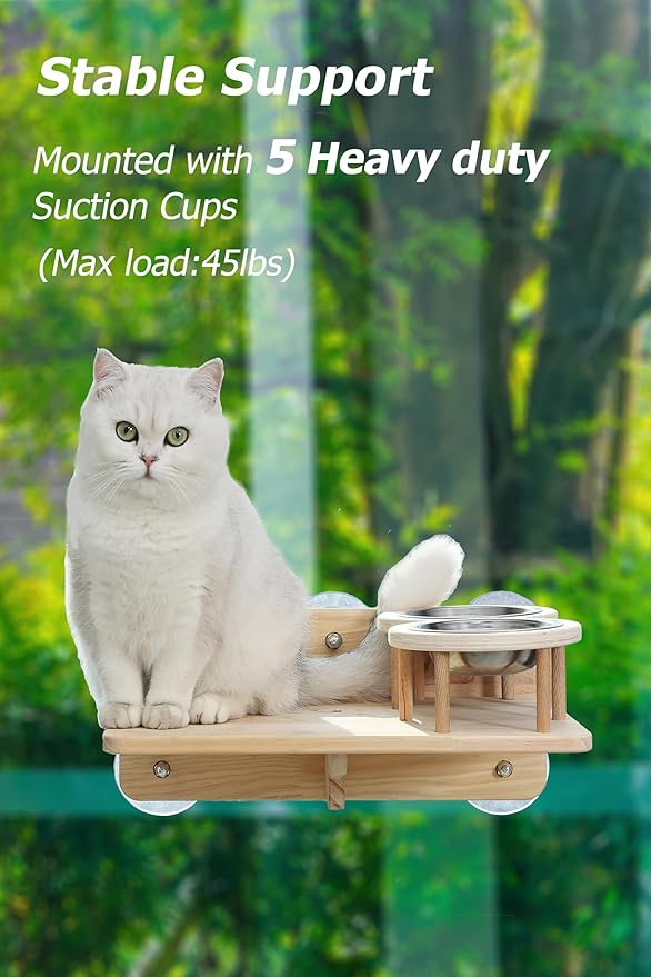 Cat Window Shelf Feeding Station,Wood Window Seat Mounted with Heavy Duty Suction Cups for Cats Sunbathing and Overlooking