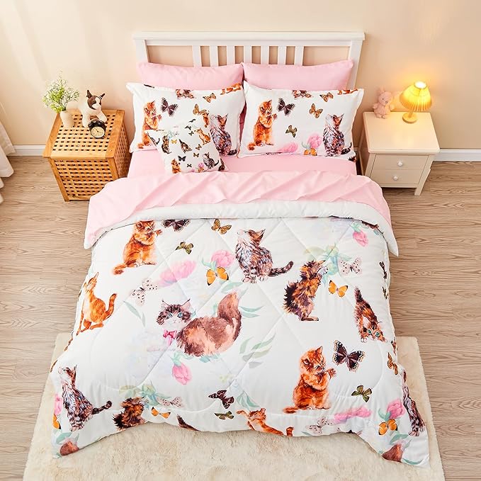 7 Piece Cat Comforter Set Full Size,Kids Girls Bed in A Bag Cute Kitty Butterfly and Flowers Comforter Set for All Season(1 Comforter,2 Pillow Shams,1 Flat Sheet,1 Fitted Sheet,2 Pillowcases)