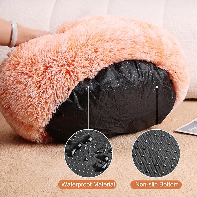 Aurako Cat Bed Dog Bed Round Cushion Pet Bed Mat Ultra Soft Plush Donut Sofa Comfortable Pillow Machine Washable Pet Cuddle Beds for Kitten Small Medium Large Dogs Cats 16" Orange and White