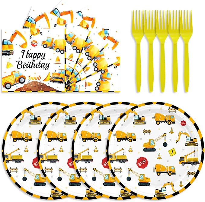 48Pcs Construction Birthday Party Supplies Excavator Trucks Theme Tableware Set Plates Napkins Forks Serves 16 Guests Construct Vehicle Baby Shower Birthday Party Decorations