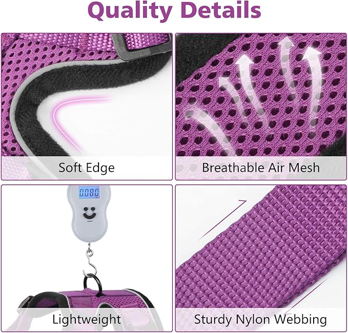 Dooradar Cat Harness and Leash Set, Escape Proof Safe Adjustable Kitten Vest Harnesses for Walking, Easy Control Soft Breathable Mesh Jacket with Reflective Strips for Cats, Purple, S