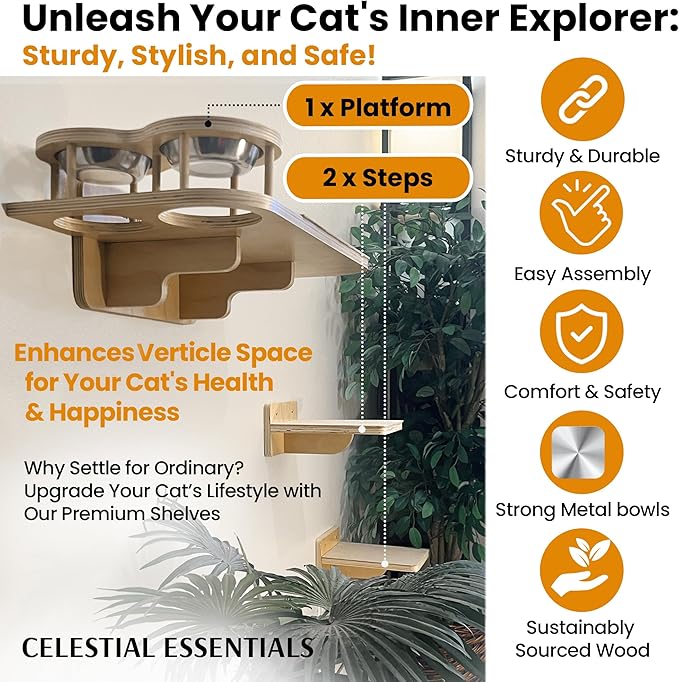 Cat Wall Shelves by CELESTIAL ESSENTIALS –Modern Wall-Mounted Cat Climbing Shelves with Bowls, Steps, Hammock, Carpet Bed, Spacious Perching Shelf, Sturdy Furniture Gift, Special Sale!