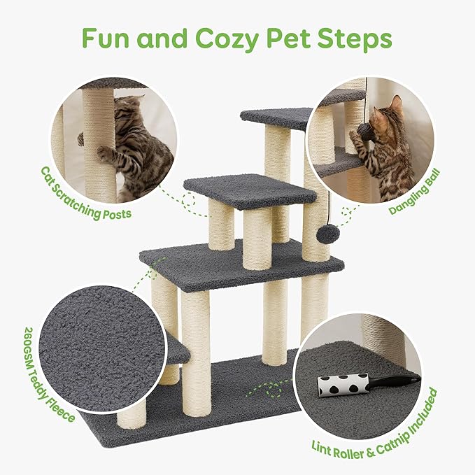 Pawque Dog Stairs & Cat Scratching Post Pet Steps for High Bed Couch, High-Strength Boards Hold up to 150 lbs for Indoor Small Cats Kittens Dogs Climbing Playing, 4 Combination Options, 4 Steps-Grey