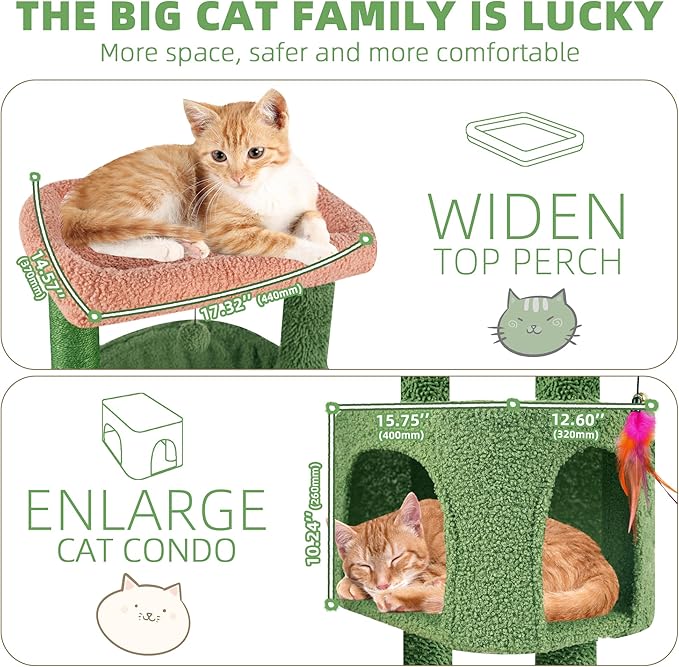 YOUPET 33.46" Cactus Cat Tree Tower with Cat Condo and Scratching Post for Indoor Cats, Activity Center Cat Furniture with Two Big Hammock and Spring Toy Balls, Green
