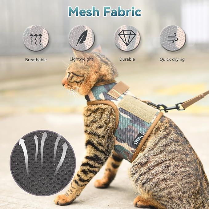 Tactical Kitty Harness and Leash for Walking Escape Proof Breathable Mesh Fabric, Jungle Camo, Small, Adjustable Cat Walking Jackets, Padded Stylish Cat Vest