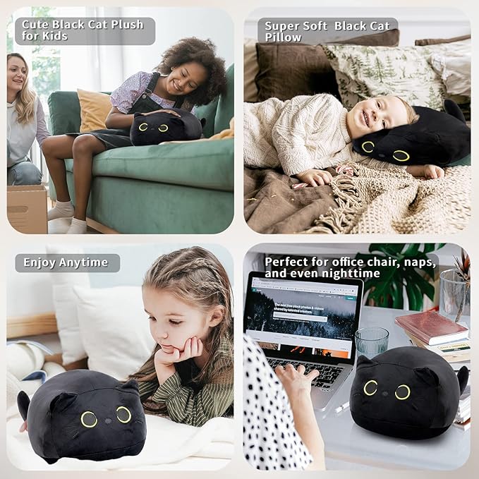 15.7" 3D Black Cat Plush Toy Pillow, Soft Kawaii Kitten Stuffed Animal Cushion