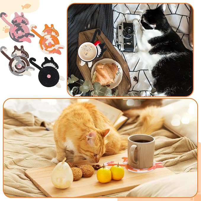 4Pcs Cute Coasters: Crochet Cat Gifts, Cute & Funny Coasters for Coffee & Tea Desk Gifts (4 Pack)