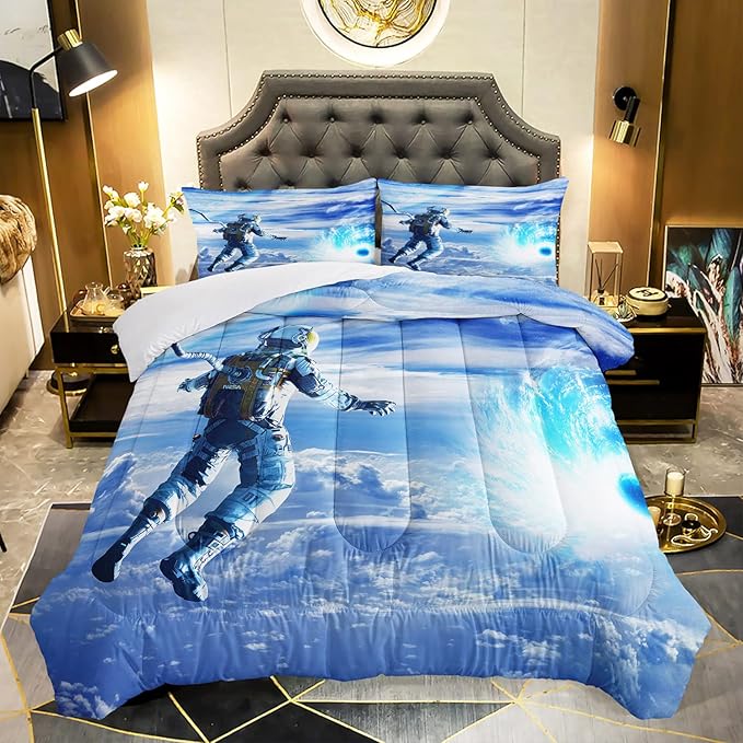 AILONEN Astronaut Comforter Set for Teens Boys Kids Girls, Space Astronaut Bedding Set Queen Size,Outer Space Themed Quilted Duvet Bed Set,Planet Quilt,1 Comforter 2 Pillowcases 3 Piece