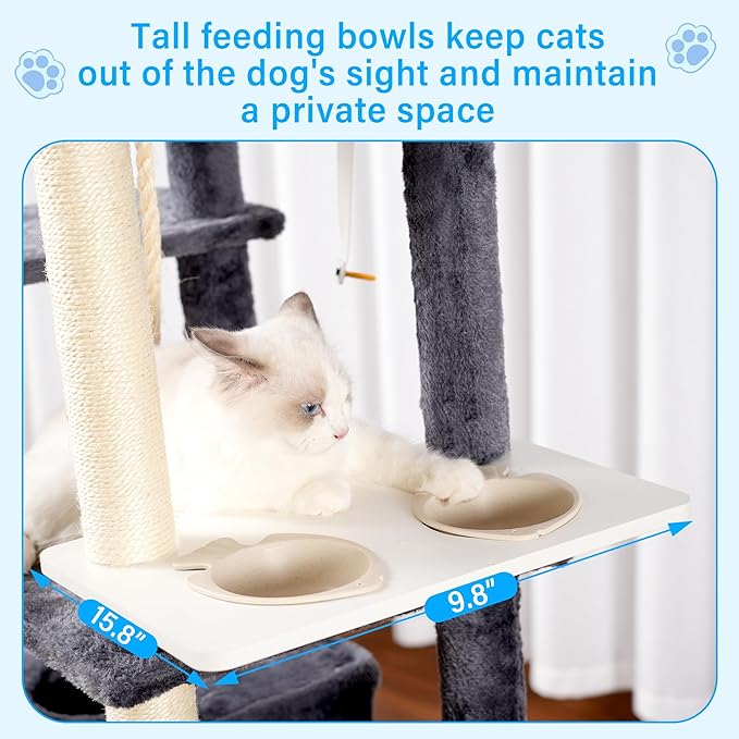 Hey-brother Cat Tree, 70.8 Inches Multi-Level Cat Tree Tower for Large Cats, Heavy Duty Cat Tower with Cat Condo,Baskets, Cat Scratching Posts, Big Hammock and Food Bowls, Smoky Gray MPJ036G