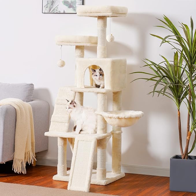 Heybly Cat Tree, Cat Tower for Indoor Cats,Multi-Level Cat Furniture Condo for Cats with Padded Plush Perch, Cozy Basket and Scratching Board Beige HCT014M