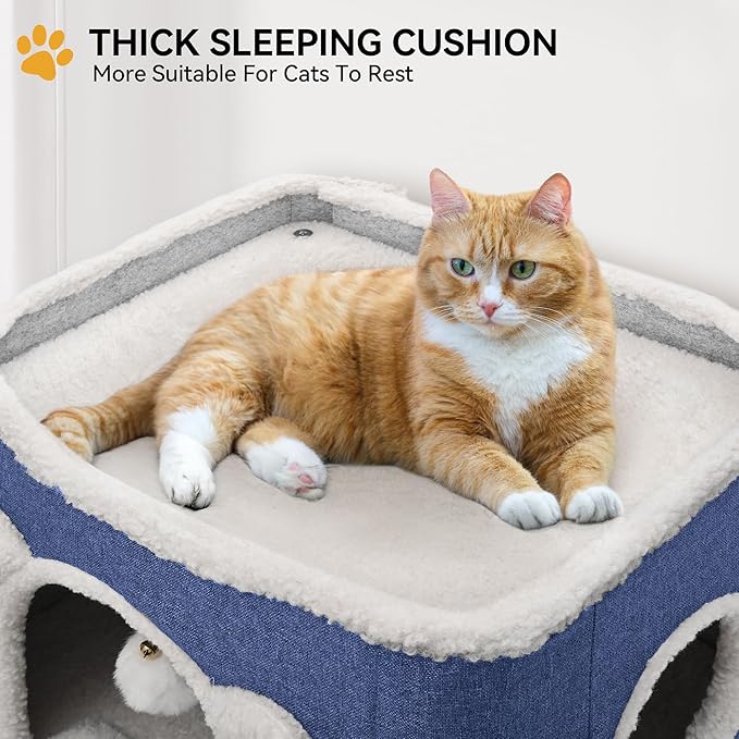 YIATHOME 3-Tier Cat House, Cat Beds for Indoor Cats, Modern Cat Condo with Highway Cave, Scratch & Itching Post, Climbing Stand, Cat Cube Playhouse for Multi Kittens, Blue