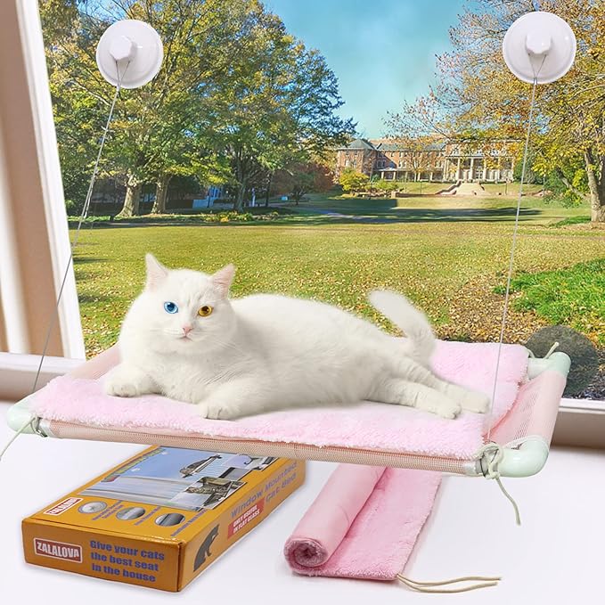 ZALALOVA Cat Window Perch, Pink Cat Hammock Window Seat Free Fleece Blanket for Female Cat 2024 Latest Screw Suction Cups Extra Large Sturdy Cat Bed Cat Resting Indoors (One Extra Suction Cup)