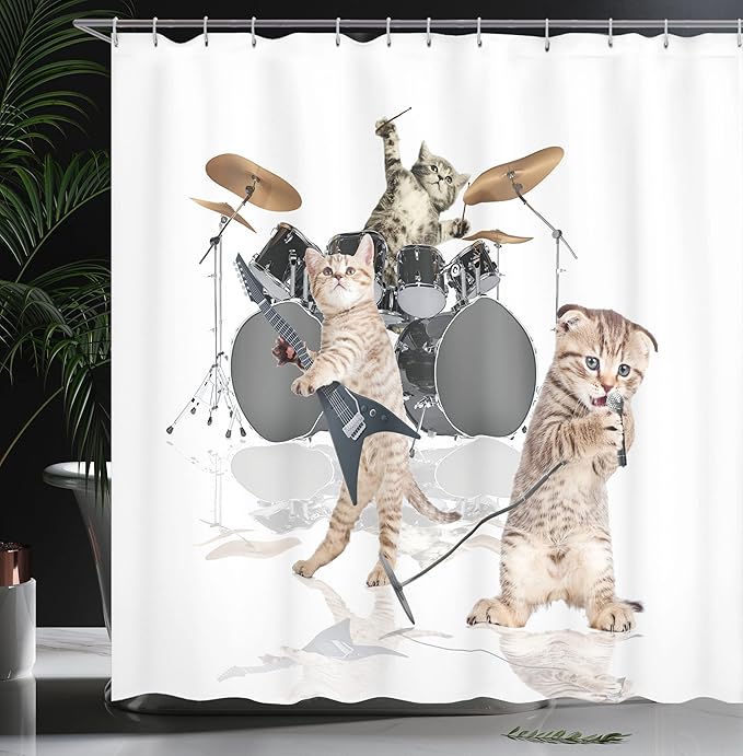 Ambesonne Animal Shower Curtain, Cool Hard Rocker Band of Kittens Singer Guitarist Cats Art Print, Cloth Fabric Bathroom Decor Set with Hooks, 69" W x 70" L, White Charcoal Grey Multicolor