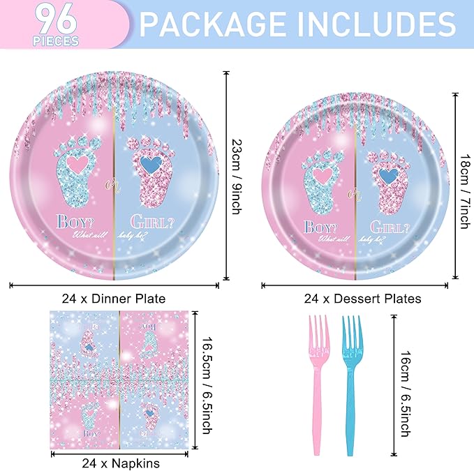 96 Pcs Gender Reveal Party Plates Napkins Forks Decorations Tableware Set Supplies Disposable Paper Boy or Girl Gender Footprint Favors, Serves 24 Guests