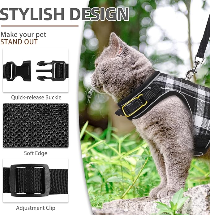 PUPTECK Soft Mesh Cat Vest Harness and Leash Set Puppy Padded Pet Harnesses Escape Proof for Cats Small Dogs Rabbits Bunny, Plaid Black, M