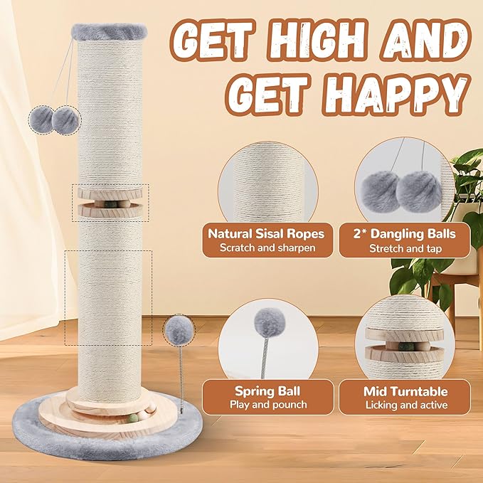 OTOB 33" Tall Cat Scratching Post, 4.3Inch Large Diameter Natural Sisal Rope Scratcher Post, 5-in-1 Interactive Turntable Cat Scratch Post with Soft Hanging Ball Toys for Indoor Large Cats