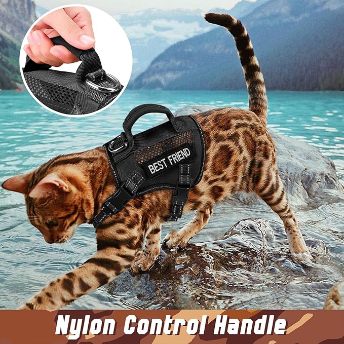 Tactical Cat Harness Leash, Air Mesh Cat Walking Vest Harness Escape Proof, Reflective Large Cat Harnesses with Handle for Adult Fat Cats (ABlack, XL)
