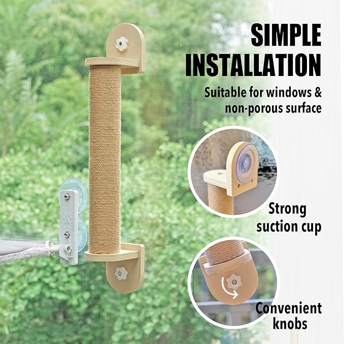 Meeyoview Cat Window Perch, Foldable Cat Window Hammock with Wooden Scratching Post and Stainless Steel Cat Bowls, Window Mounted Bed for Cats Inside (1 Cat Scratching Post)