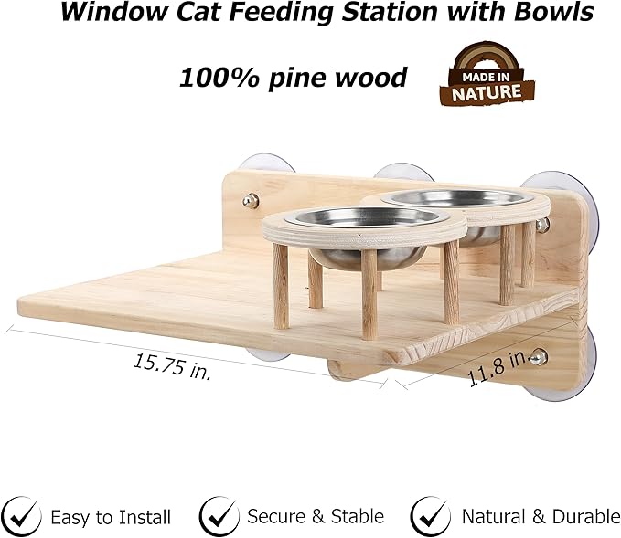Cat Window Shelf Feeding Station,Wood Window Seat Mounted with Heavy Duty Suction Cups for Cats Sunbathing and Overlooking