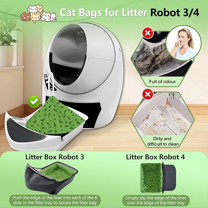 60 Counts Self Cleaning Litter Box Bags with Drawstring, Compatible with Litter-Robot 3 and 4, 24" x 29" Heavy Duty Cat Litter Box Liners Waste Bags Replacement