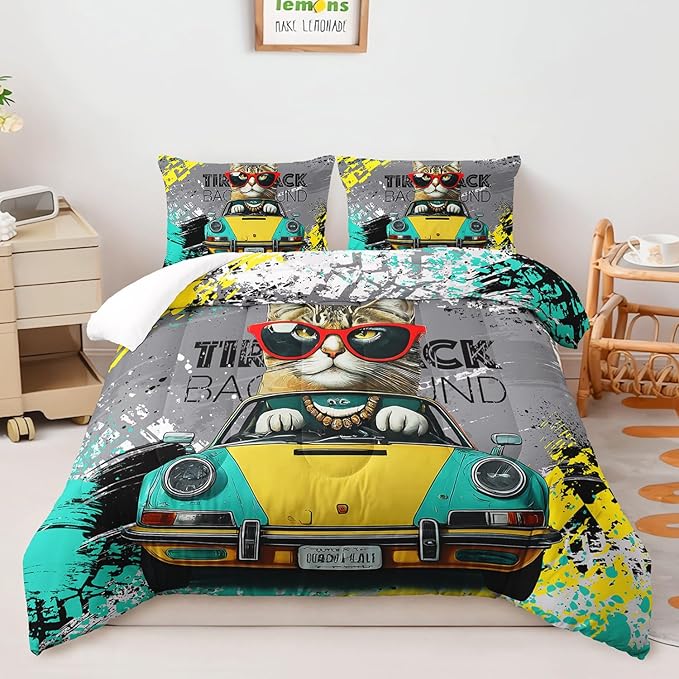 AILONEN Racer Cat Comforter Set Twin Size,Speed Racing Car Sport Bedding Set for Kids Boys,Cool Cat Hip-Hop Graffiti Printed Comforter with 2 Pillowcases,3 Piece