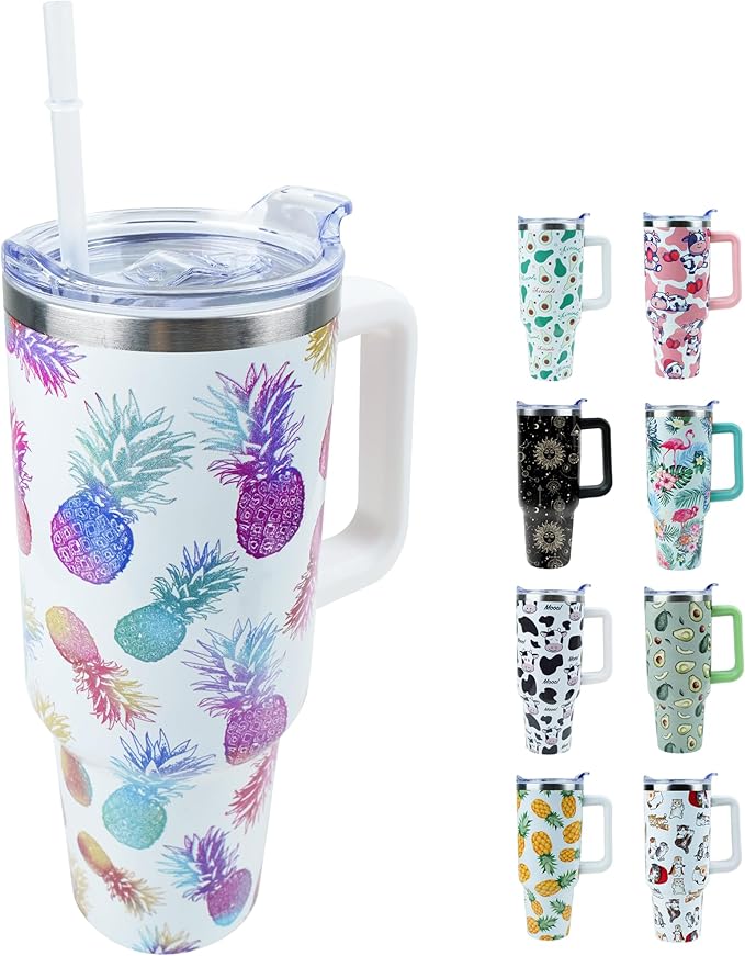 40 oz Tumbler with Handle and Straw, Stainless Steel Insulated Cup with Leak Proof Lid and Straw Lid, Keep Drinks Cold and Hot for Hours(Pineapple)