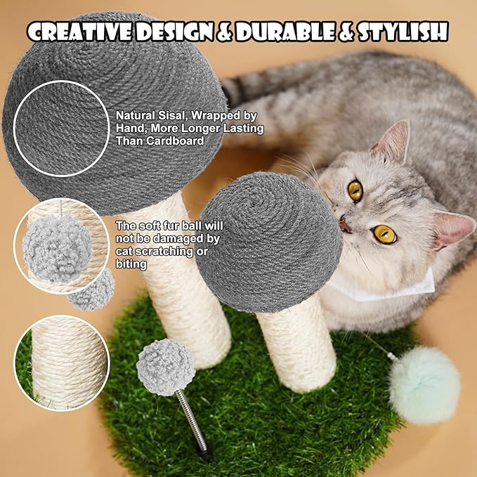 Odoland Cat Scratching Post Mushroom Natural Sisal Board Scratcher for Kitten Health and Good Behavior, Furniture Scratch Deterrent Accessories for Cats and Kitten Hrey