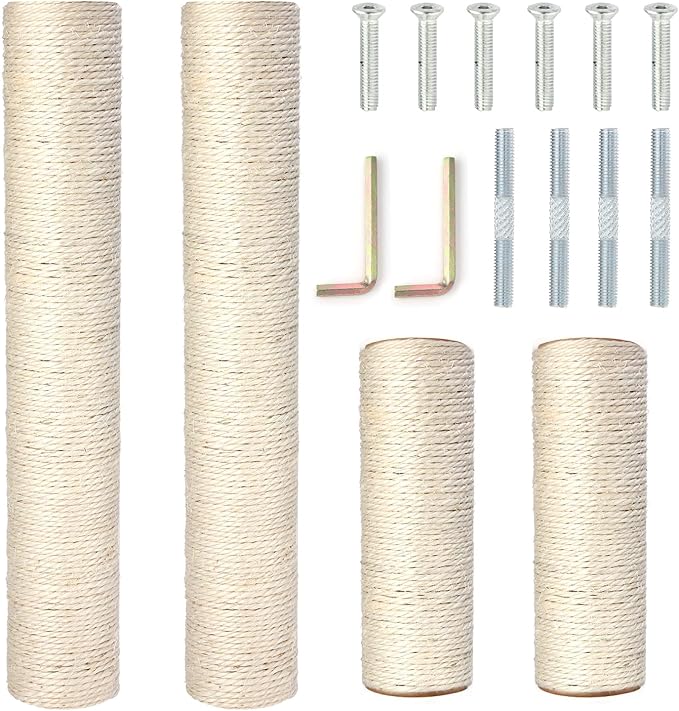 PowerKing Natural Sisal Replacement Scratching Post, 4 Pieces M8 Cat Scratch Post Refill Pole Parts for Refurbishment, White, Include Screws,15.74''+15.74''+7.87''+7.87''