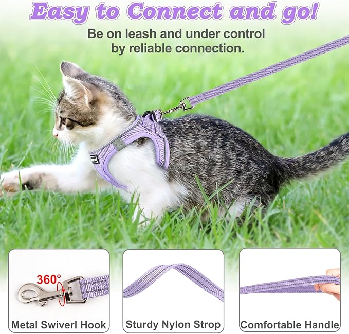 Cat Harness and Leash for Walking Escape Proof, Adjustable Kitten Vest Harness Reflective Soft Mesh Puppy Harness for Outdoor, Comfort Fit, Easy to Control (Purple, XXS)