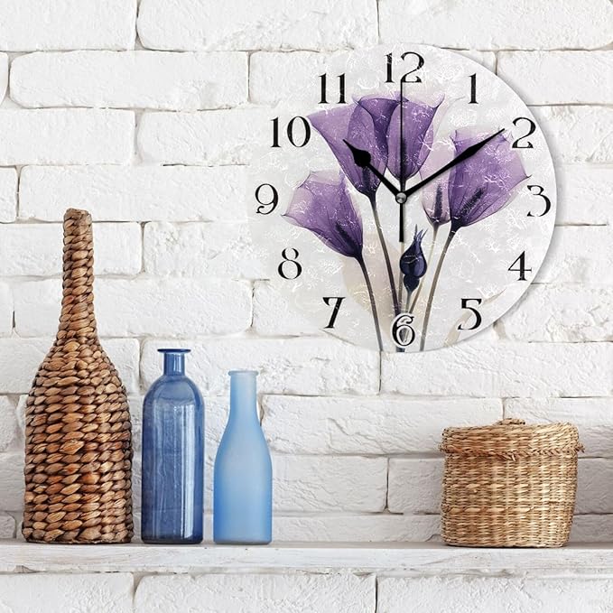 ALAZA Purple Tulip Lily Flower Wall Clock Battery Operated Kitchen Clock 9.5 Inch Bathroom Clock Non Ticking Round Decorative Desk Clock Bedroom Living Room Decor