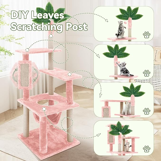 61" Large Cat Tree Tower for Indoor Cats with DIY Green Leaves Scratching Post Multi Soft Hang Ball Plush Cat House Furniture 360° Rotating Cat Scratch Board with Hammock, Square Pink