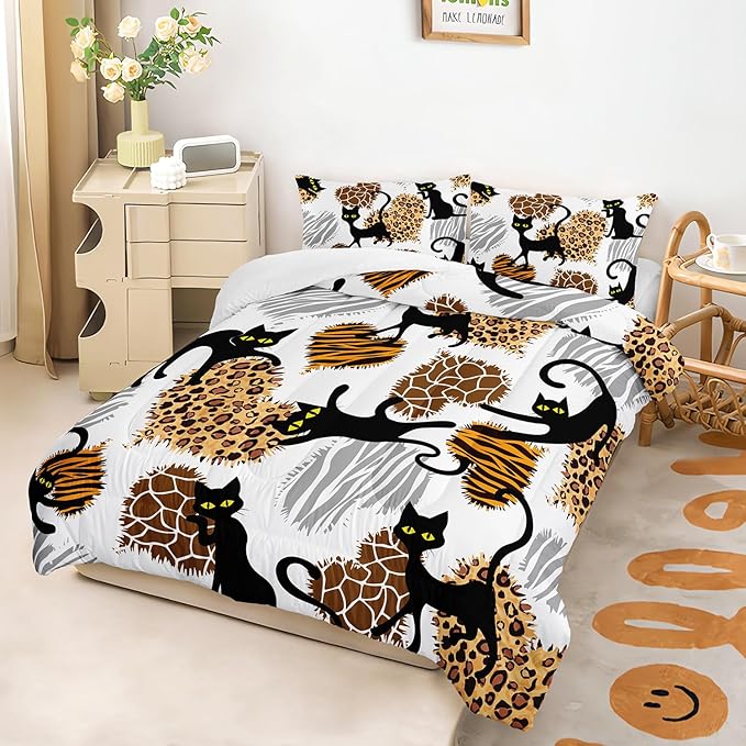 AILONEN Black Cat Comforter Set Queen Size, 3-Piece Hearts Leopard Printed Microfiber Bedding Set for Girls Women,Funny Cat Kitten Comforter with 2 Pillowcases