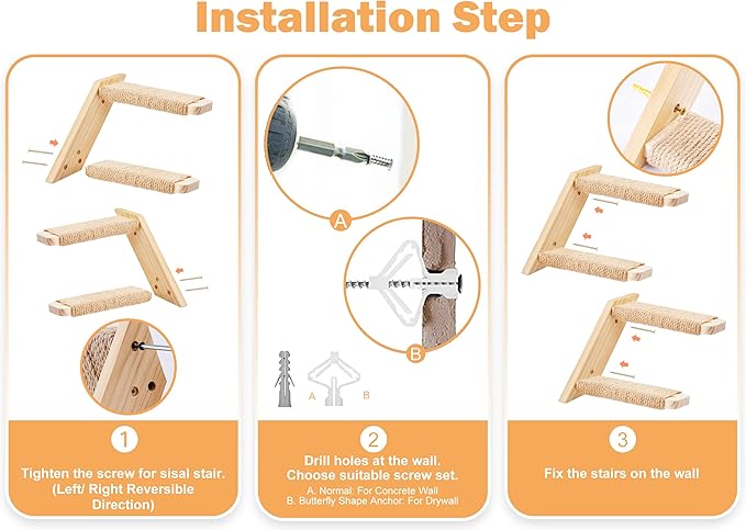 Cat Climbing Stair Shelf Wall Mounted Reversible Left & Right Direction, Cat Stairway Shelf for Climbing with Sisal Rope Ladder Cat Wall Furniture